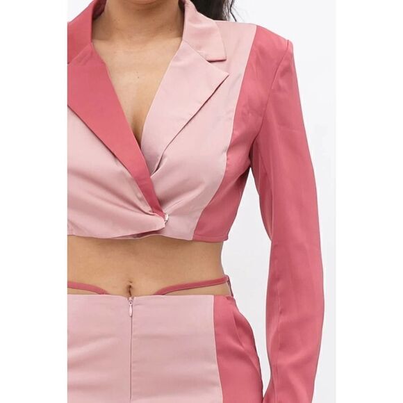 Colorblock Crop Blazer With Matching Low Rise Wide Leg Pant Set With Pockets - Picture 3 of 4